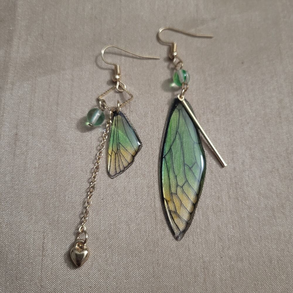 Green & yellow gradient asymmetrical fairy butterfly wing earrings